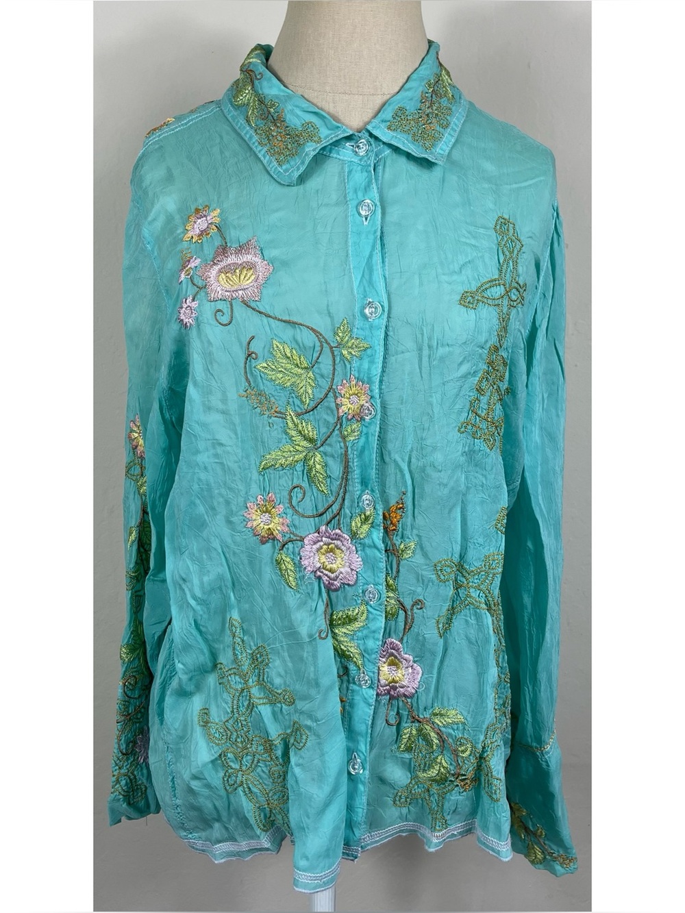 Johnny Was Turquoise Embroidered Button Down Blouse